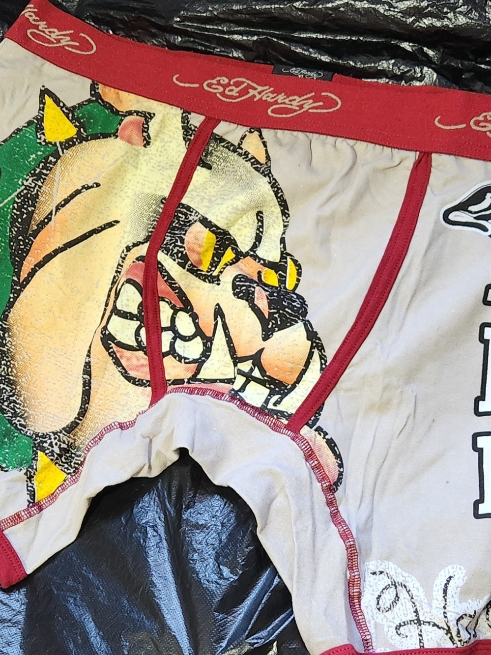 Ed Hardy Mens Boxer Briefs in White, Red, Green and Yellow - Bulldog Print